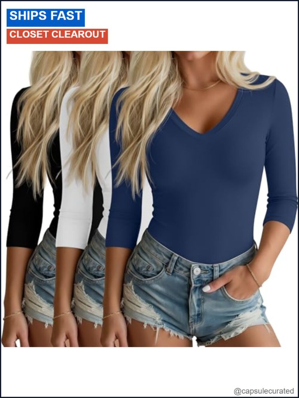 3 Pack Women's 3/4 Sleeve V-Neck T-Shirts